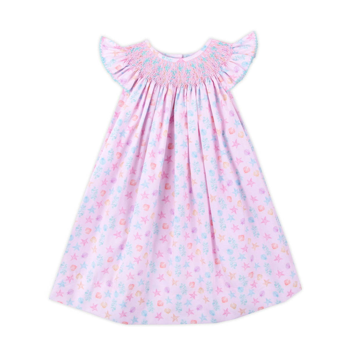 Seashell Seashore Smocked Pink Angel Sleeve Dress