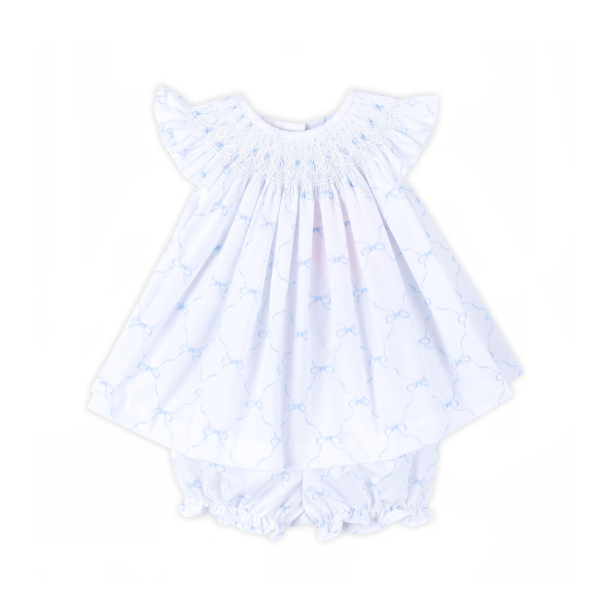 Little Blue Bow Smocked Angel Sleeve Bloomer Set