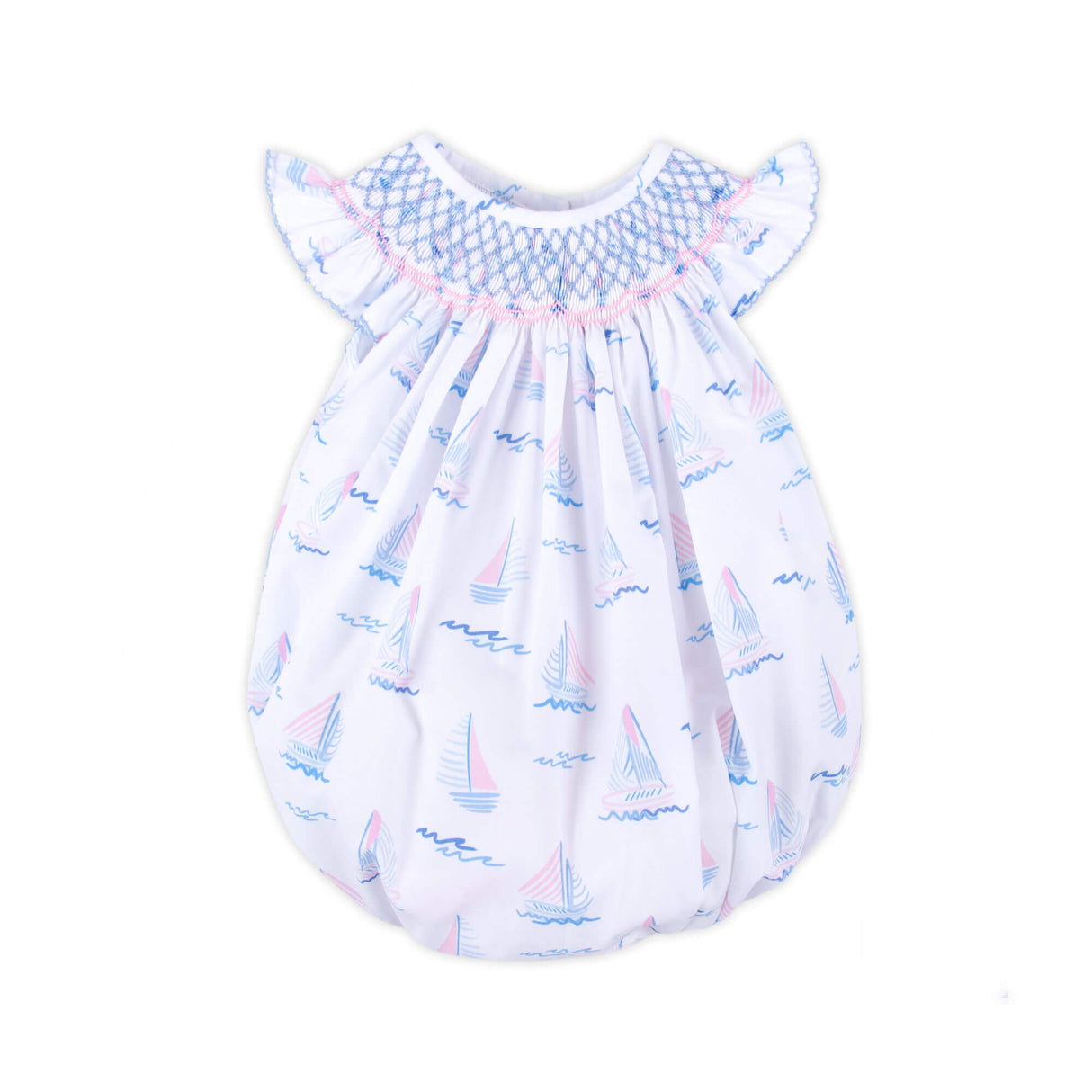 Pastel Sailboat Blue Smocked Angel Sleeve Bubble