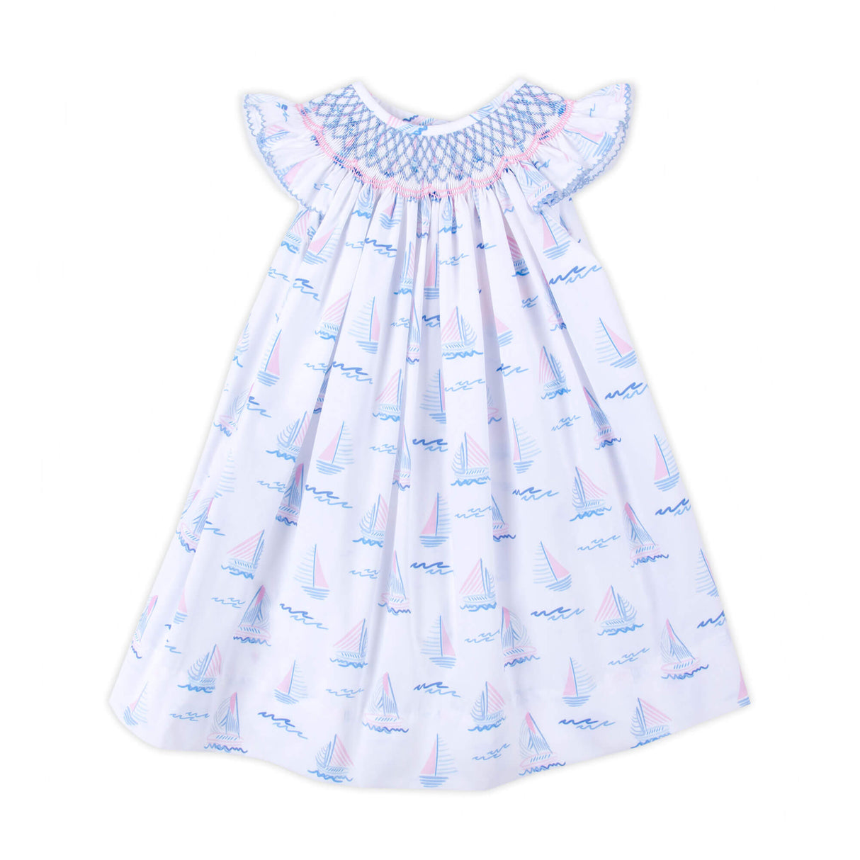 Pastel Sailboat Blue Smocked Angel Sleeve Dress