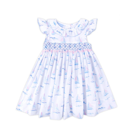 Pastel Sailboat Blue Smocked Collared Dress
