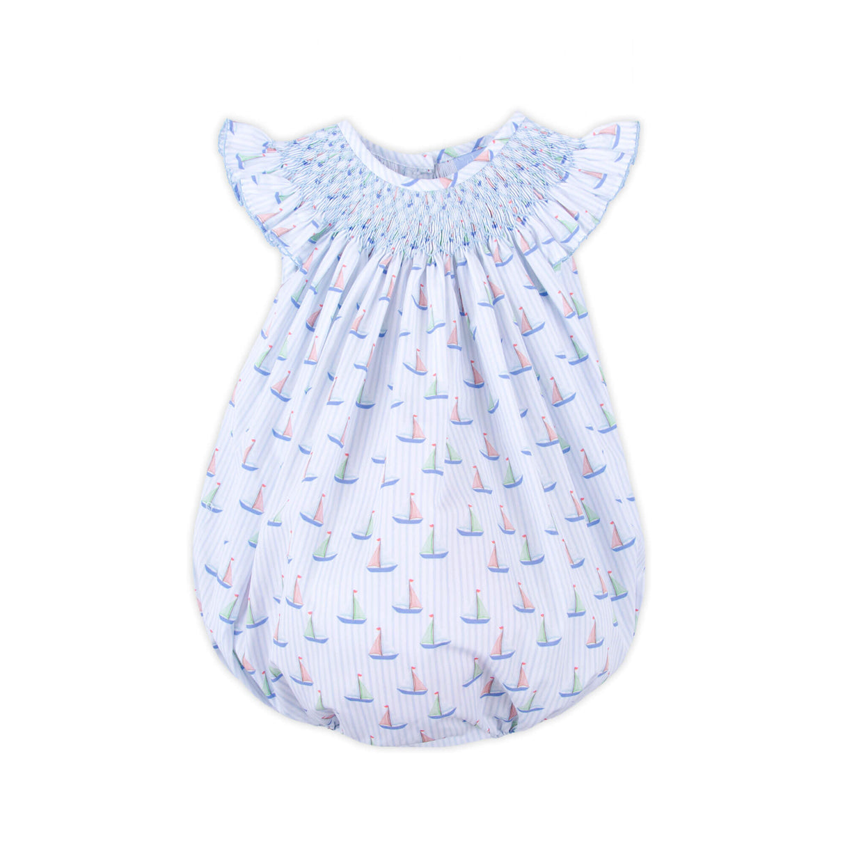 Nautical Blue Stripe Smocked Angel Sleeve Bubble