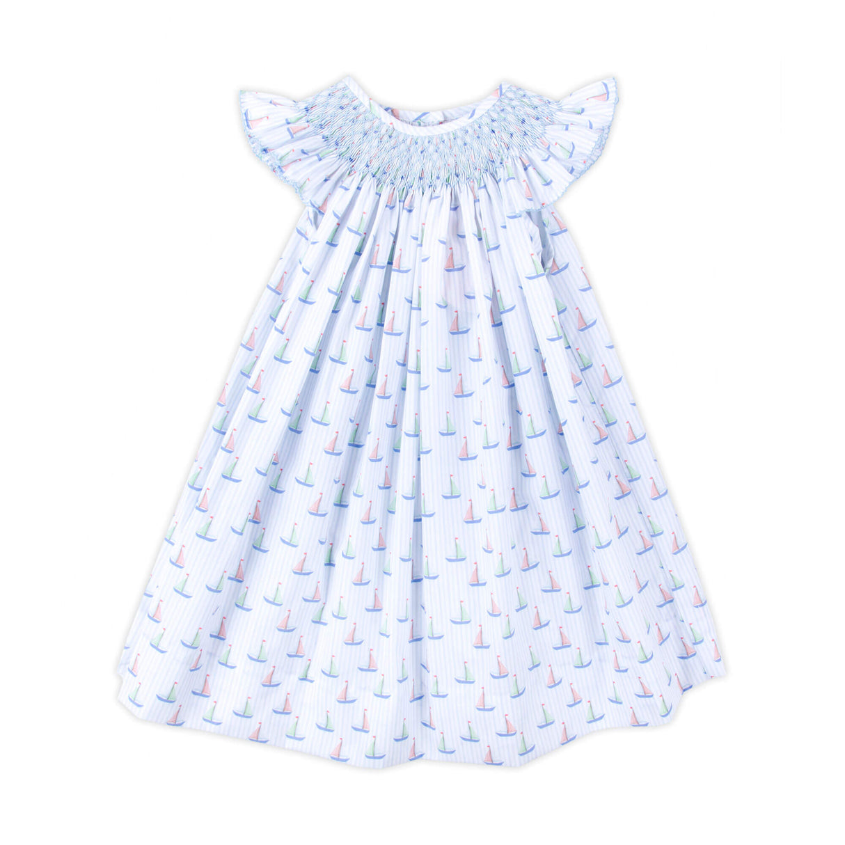 Nautical Blue Stripe Smocked Angel Sleeve Dress