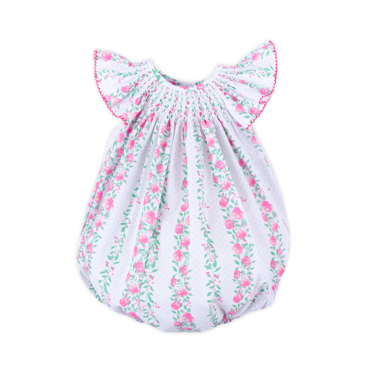 Pink Rose Floral Smocked Angel Sleeve Bubble