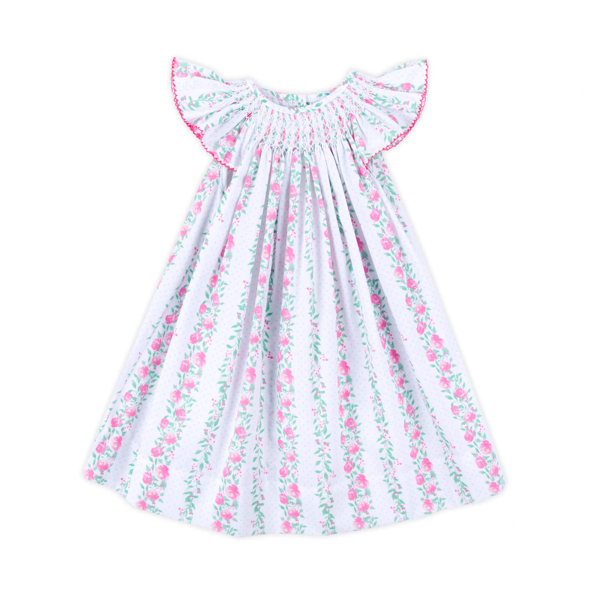 Pink Rose Floral Smocked Angel Sleeve Dress