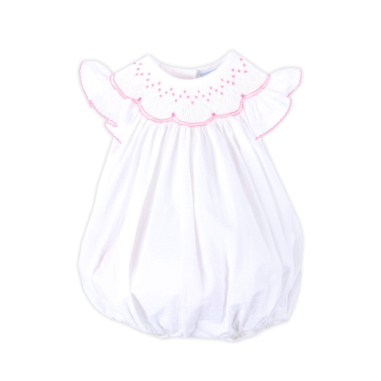 Geo Smocked White Seersucker Angel Sleeve Bubble