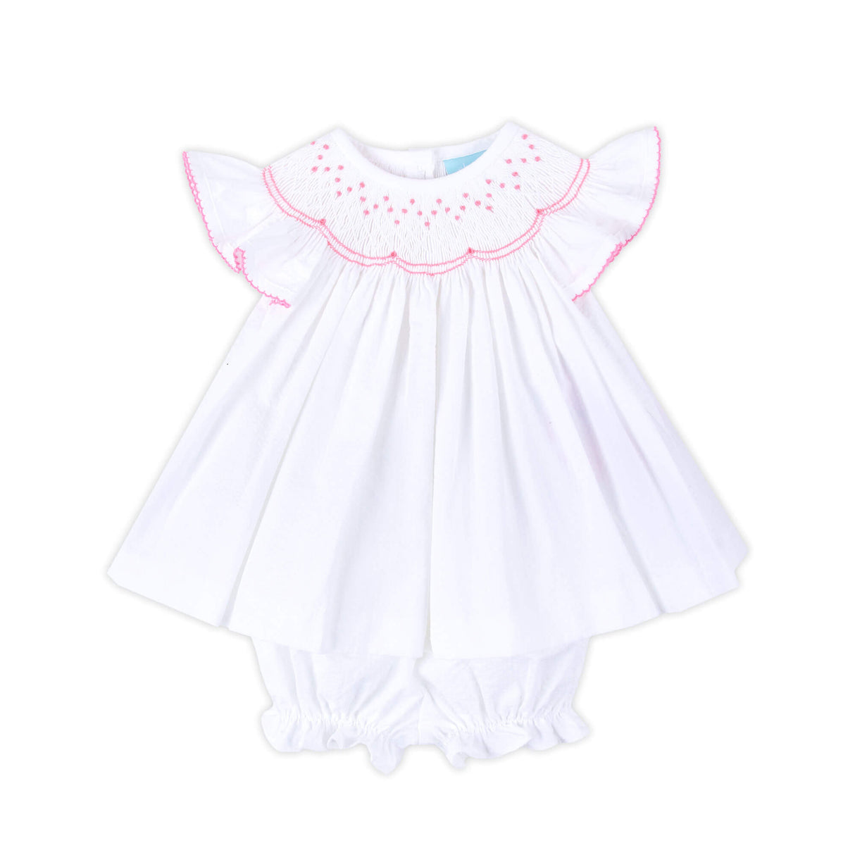 Geo Smocked White Seersucker Angel Sleeve Bloomer Set