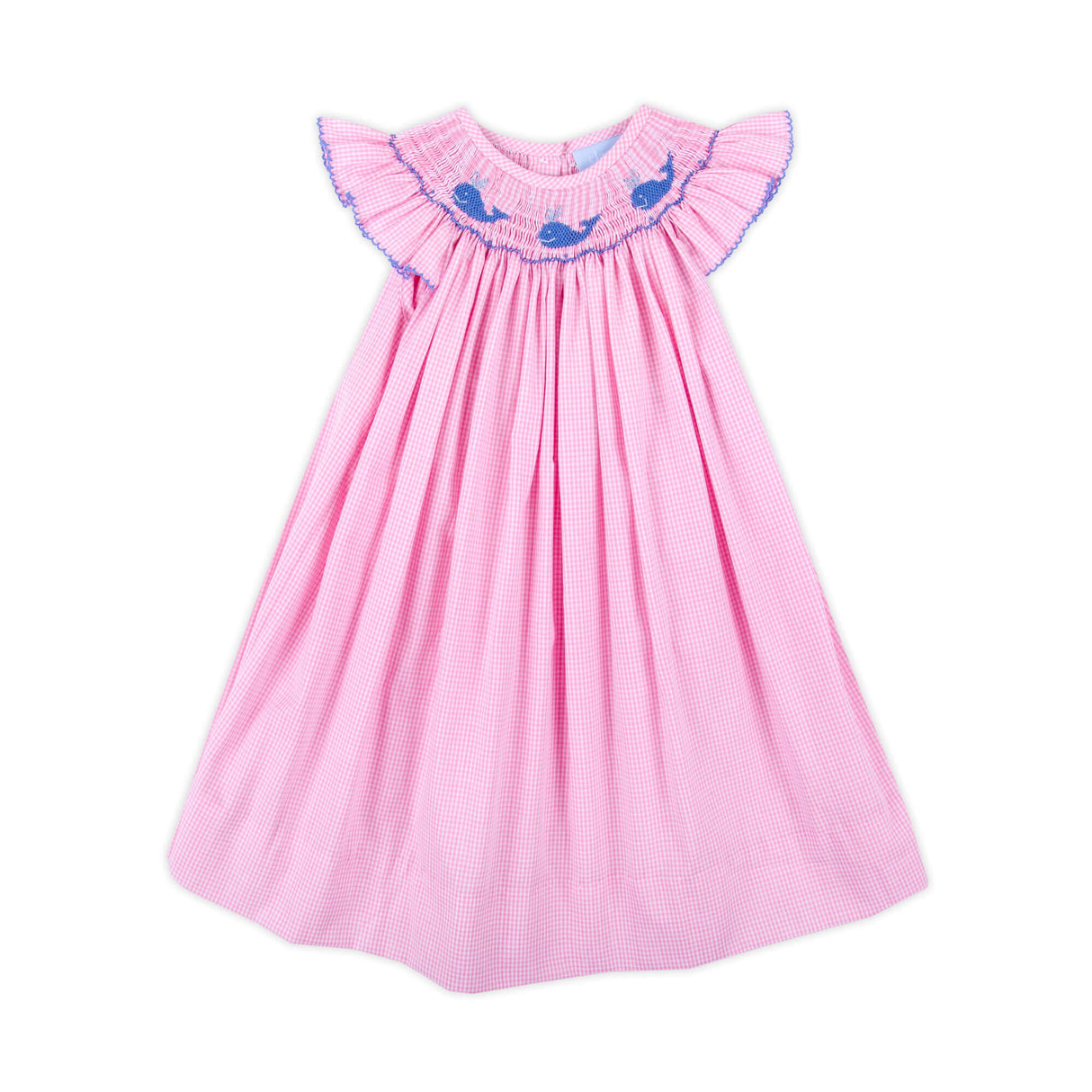 Aquatic Whale Pink Gingham Smocked Angel Sleeve Dress