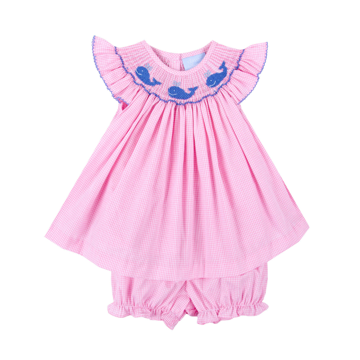 Aquatic Whale Pink Gingham Smocked Angel Sleeve Bloomer Set