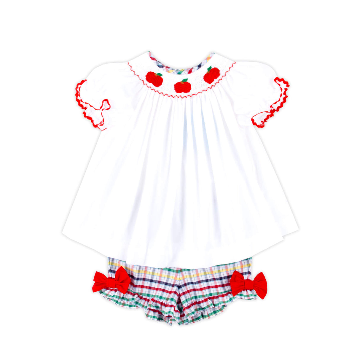Apple Trio Primary Plaid Smocked Bishop Short Set