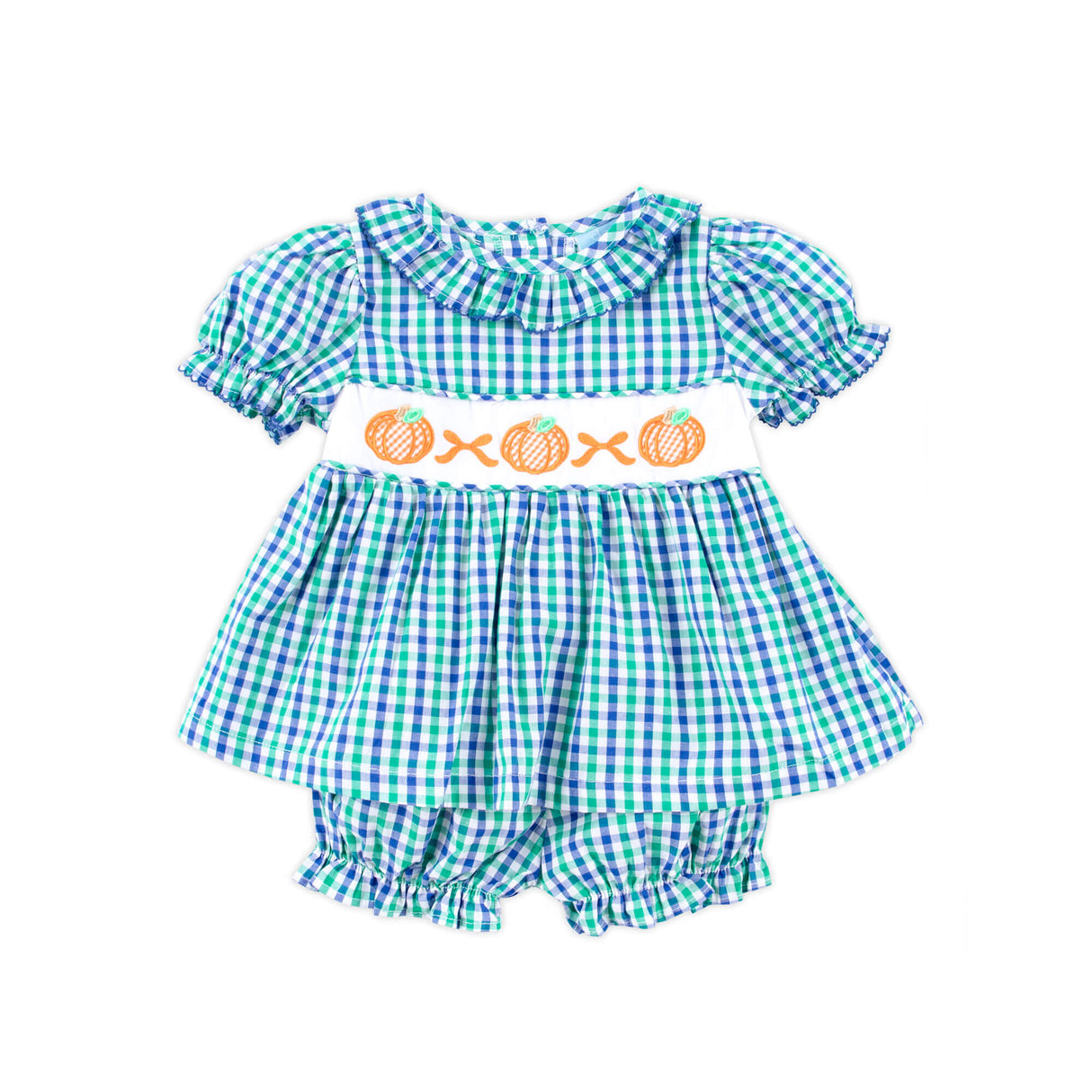 Hello Pumpkin Green Gingham Ruffle Collared Bloomer Set