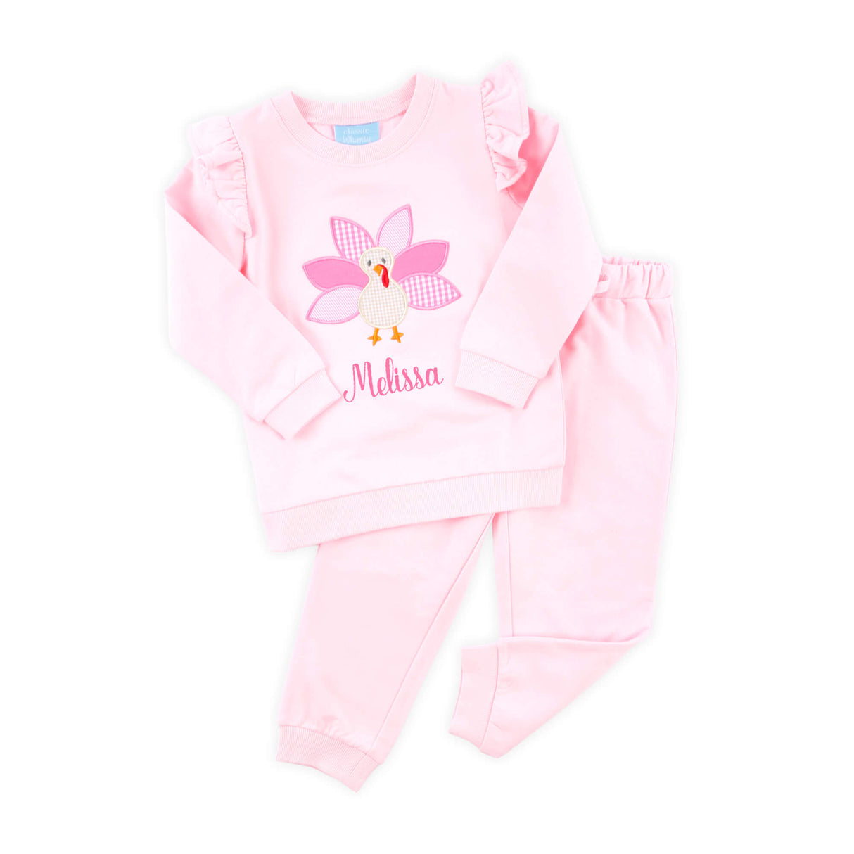 Turkey Applique Pink Ruffle Jogger Set