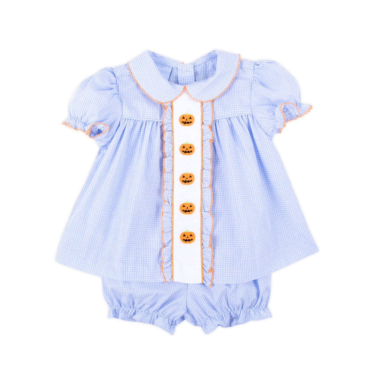 Jack O'Lantern Embroidered Light Blue Gingham Bloomer Set