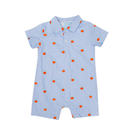 Pumpkin Schiffli Light Blue Gingham Polo Romper