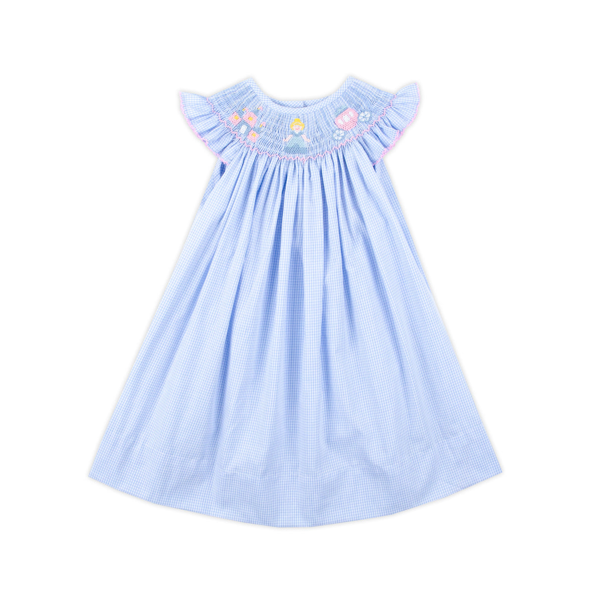 Princess Light Blue Gingham Smocked Angel Sleeve Dress