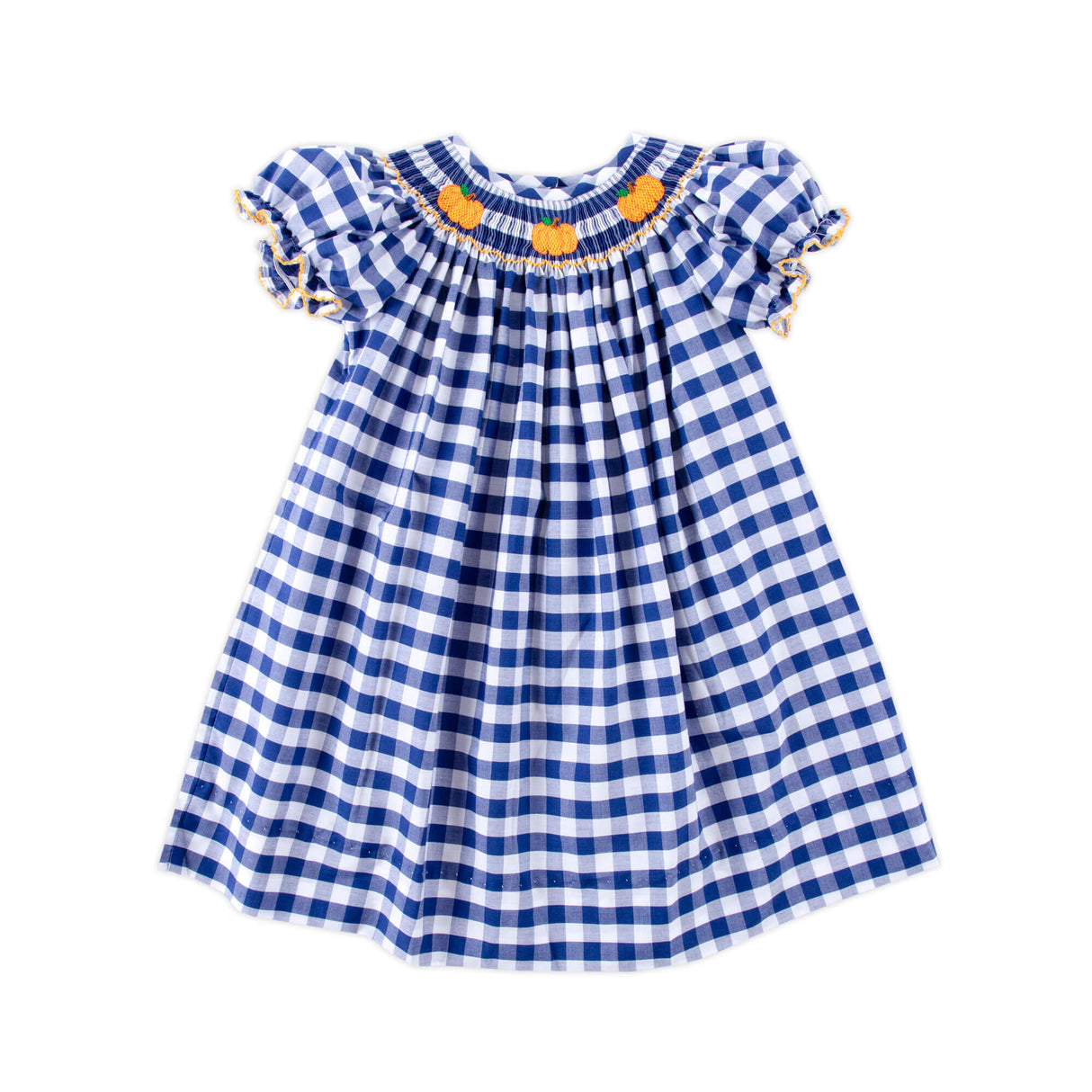 Pumpkin Smocked Navy Check Bishop Dress