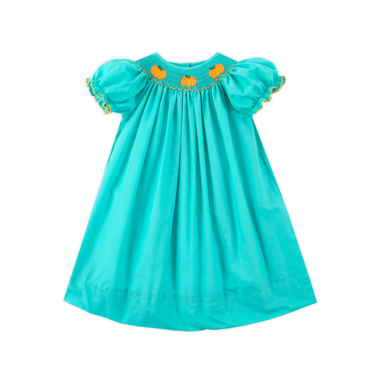 Golden Pumpkin Smocked Turquoise Bishop Dress