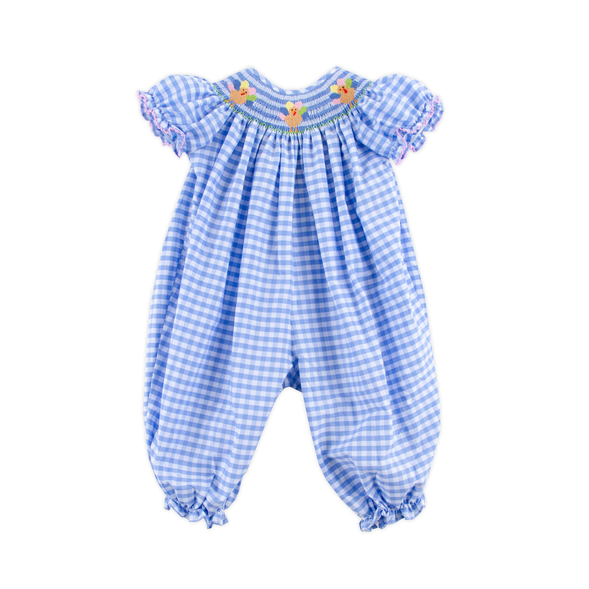 Colorful Turkey Smocked Blue Gingham Long Bubble