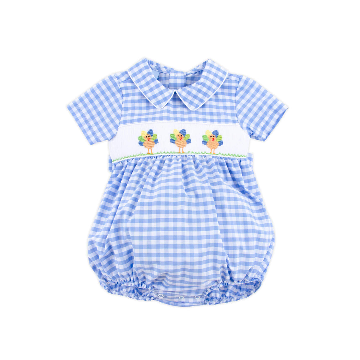 Colorful Turkey Smocked Blue Gingham Collared Bubble