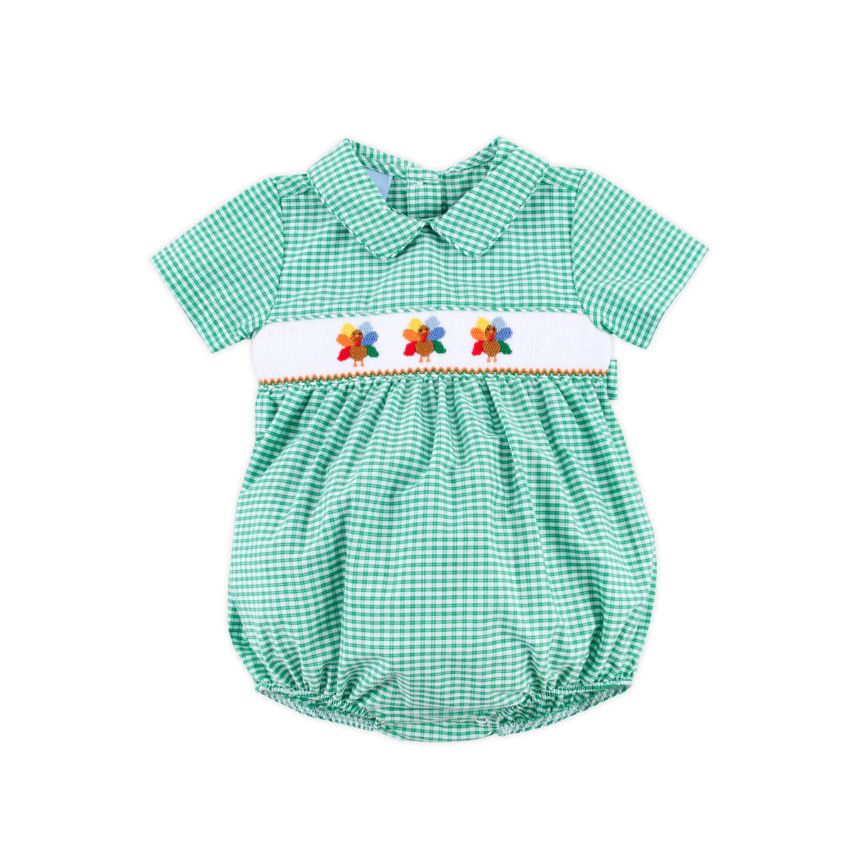 Fall Turkey Smocked Green Windowpane Collared Bubble