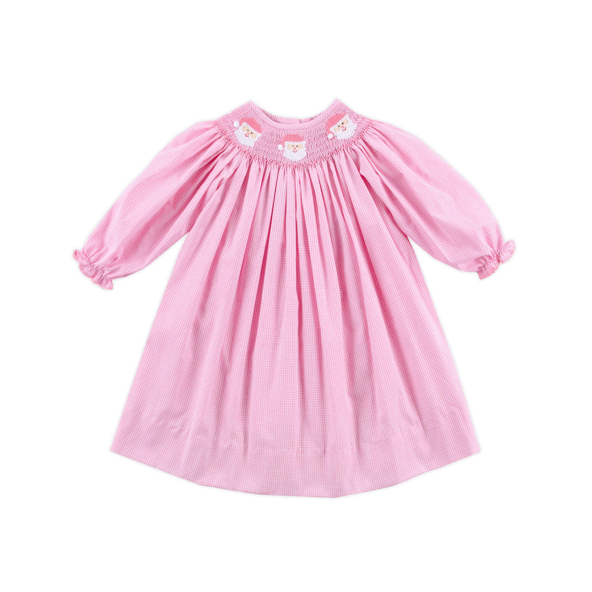 Happy Santa Smocked Pink Gingham Long Sleeve Bishop Dress