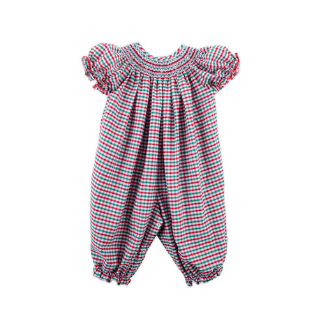 Christmas Card Gingham Smocked Long Bubble