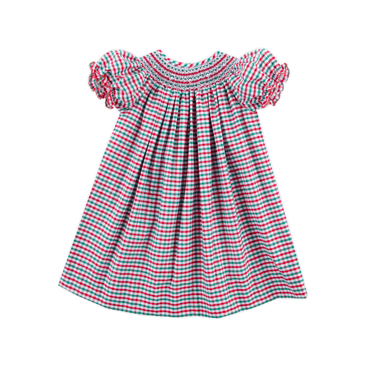 Christmas Card Gingham Smocked Bishop Dress