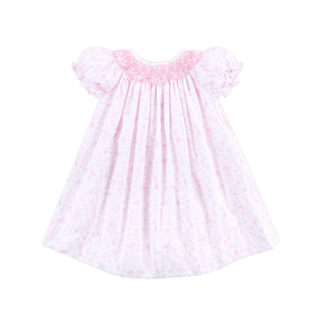 Pink Christmas Print Smocked Bishop Dress