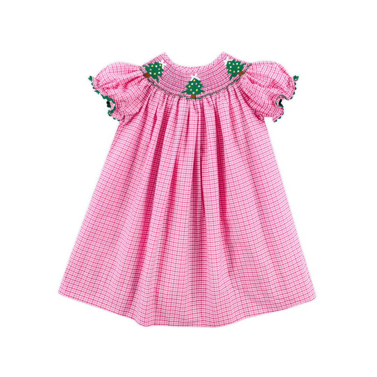Christmas Tree Smocked Hot Pink Gingham Bishop Dress