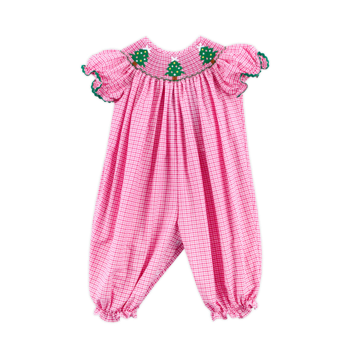 Christmas Tree Smocked Hot Pink Gingham Long Bubble