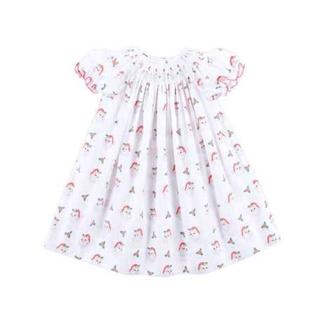 Vintage Santa White Print Smocked Bishop Dress