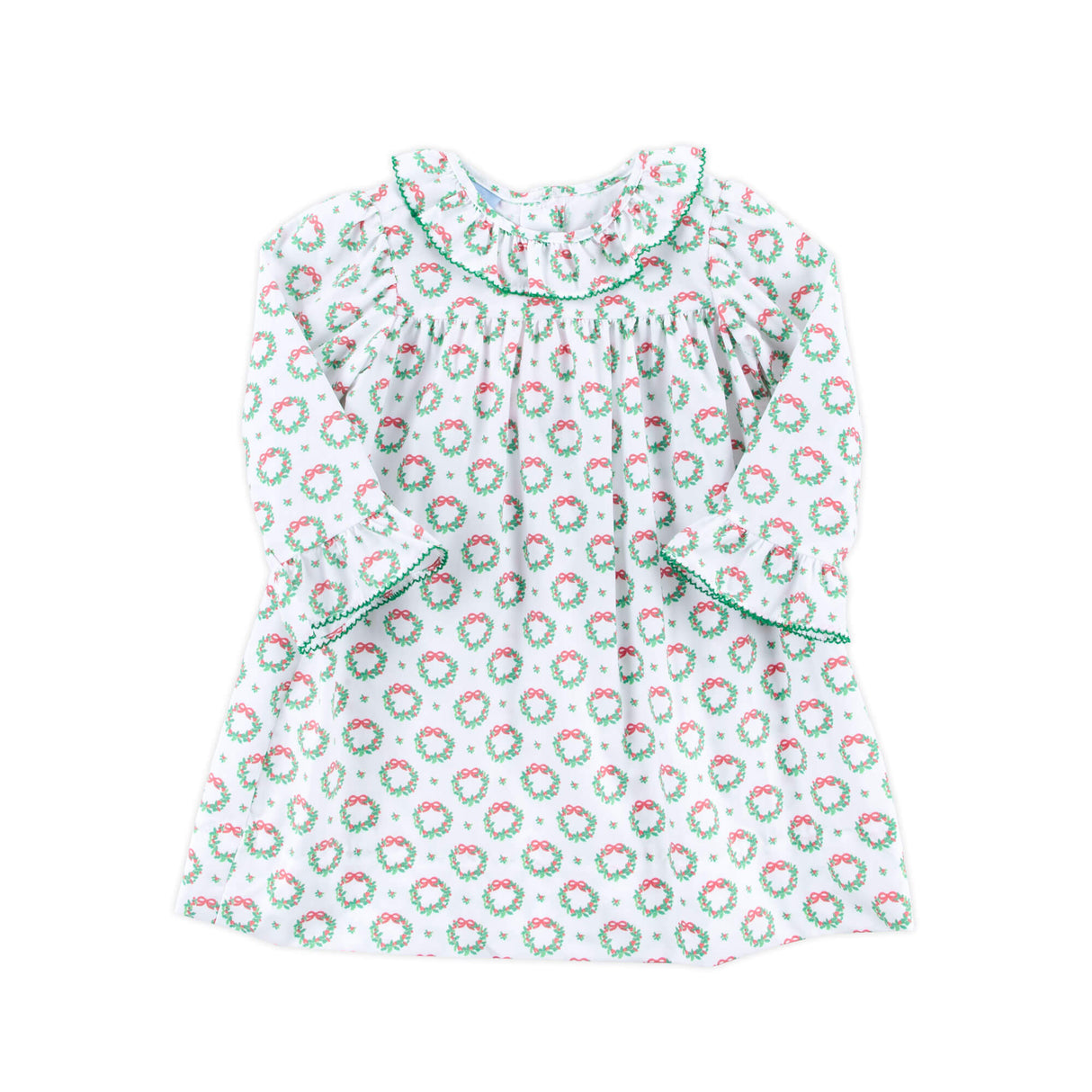 Holiday Wreath White Print Ruffle Collared Dress