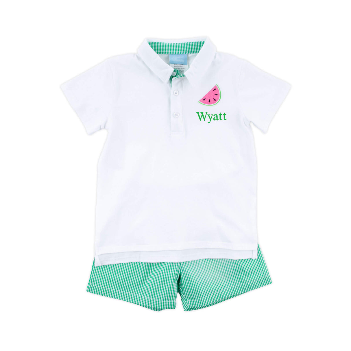 Sweet Watermelon Embroidered Green Gingham Polo Short Set