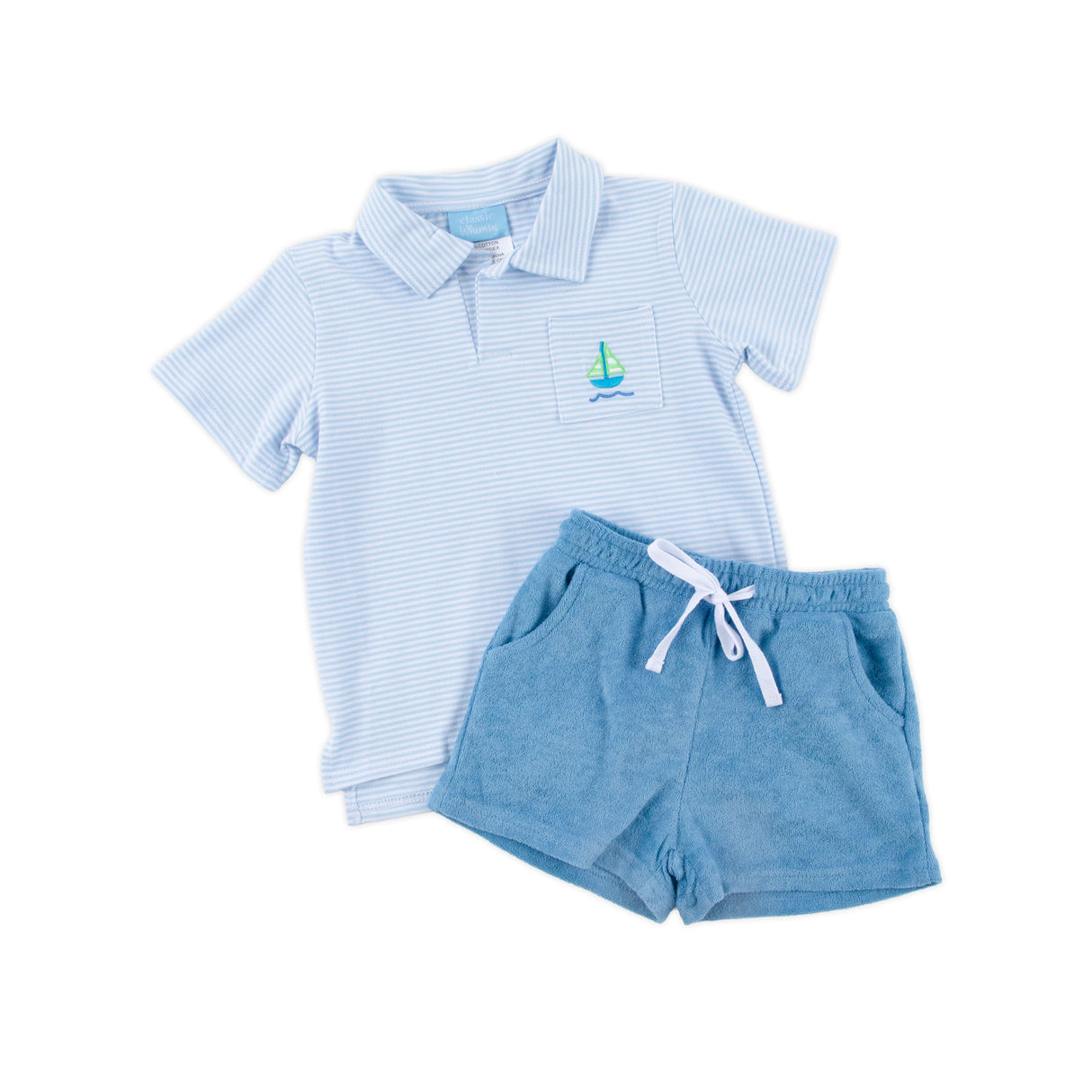 Nautical Adventure Light Blue Stripe Terry Polo Short Set
