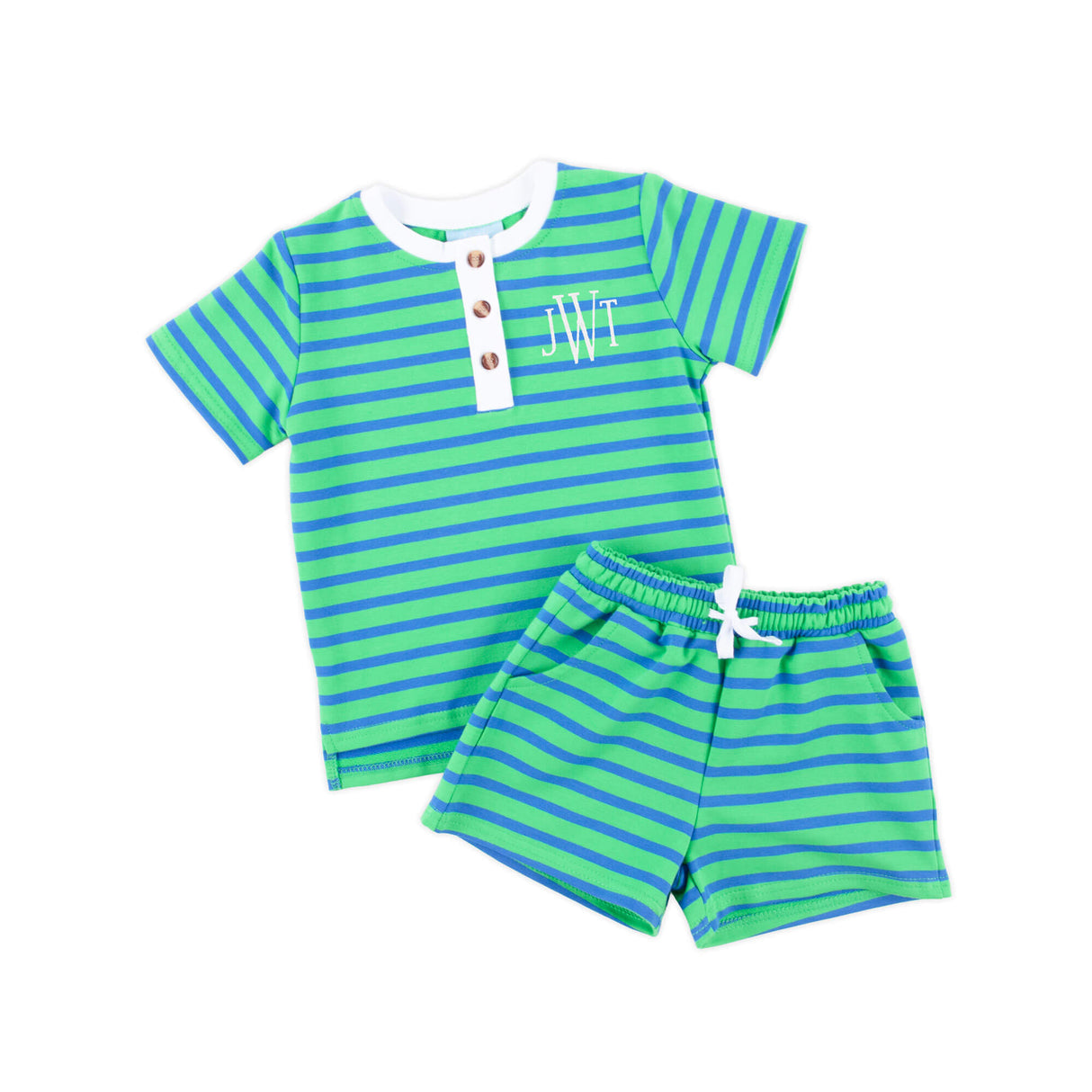 Green & Blue Stripe Terry Henley Short Set