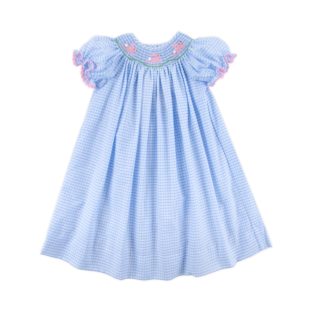 Bunny Love Smocked Light Blue Windowpane Bishop Dress
