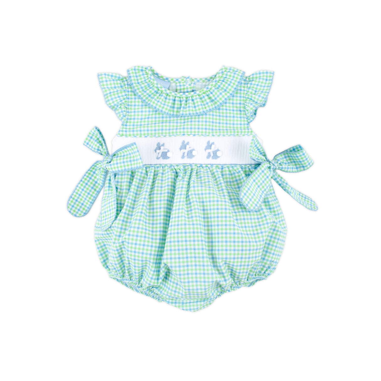 Easter Bunny Smocked Blue & Green Gingham Beverly Bubble