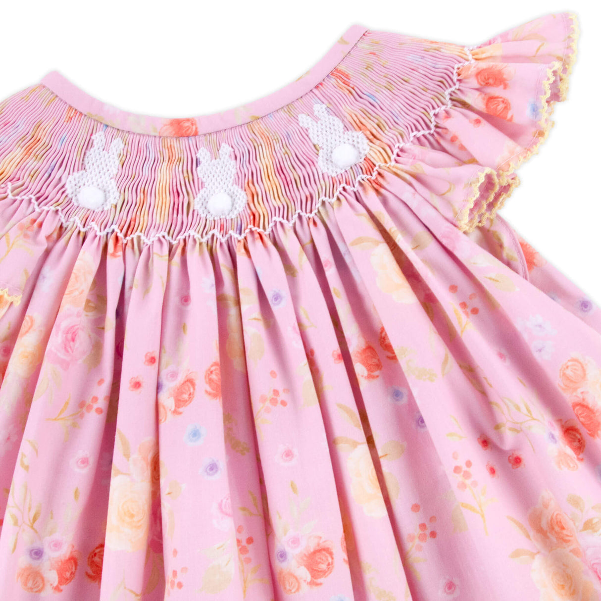Whimsical Floral Smocked Pink Angel Sleeve Dress