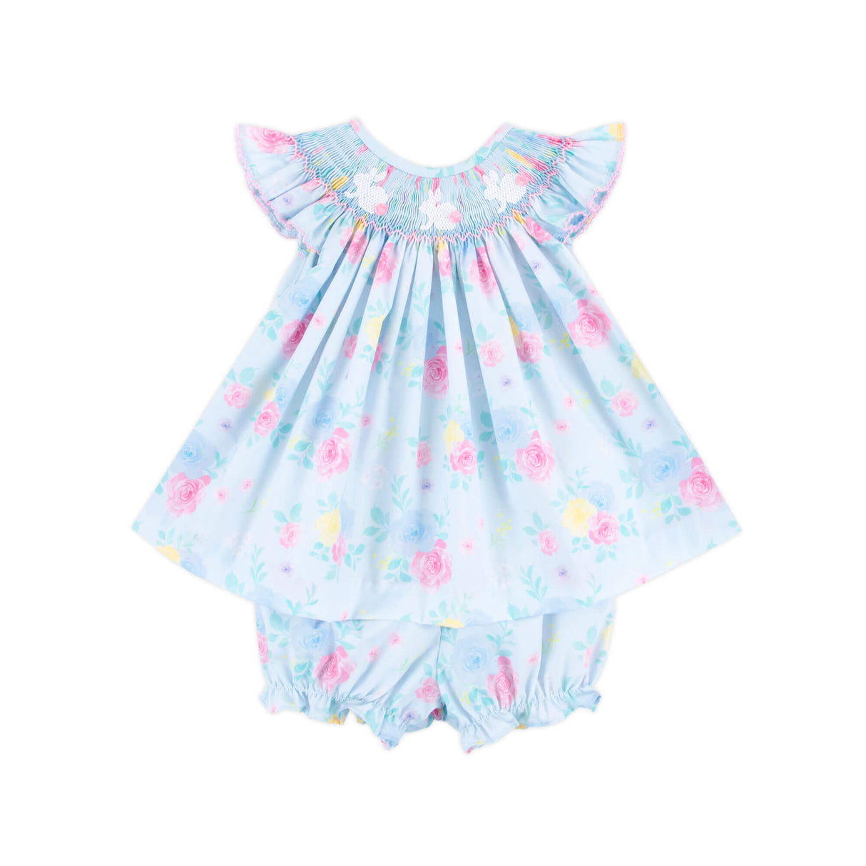Bunny Smocked Turquoise Angel Sleeve Bloomer Set