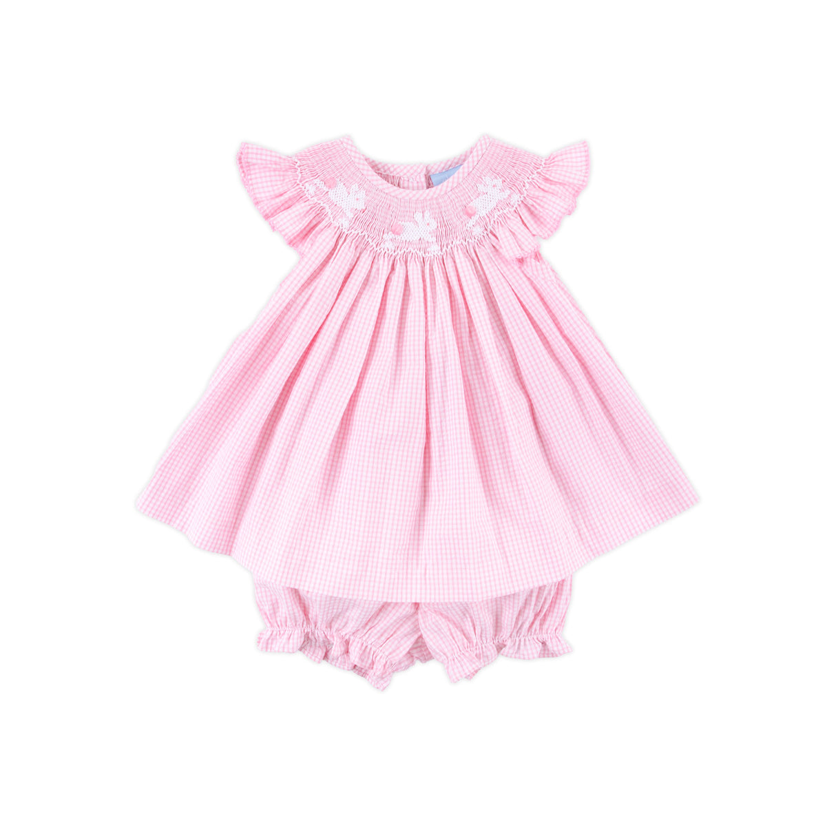 Hop Hop Bunnies Smocked Pink Gingham Angel Sleeve Bloomer Set