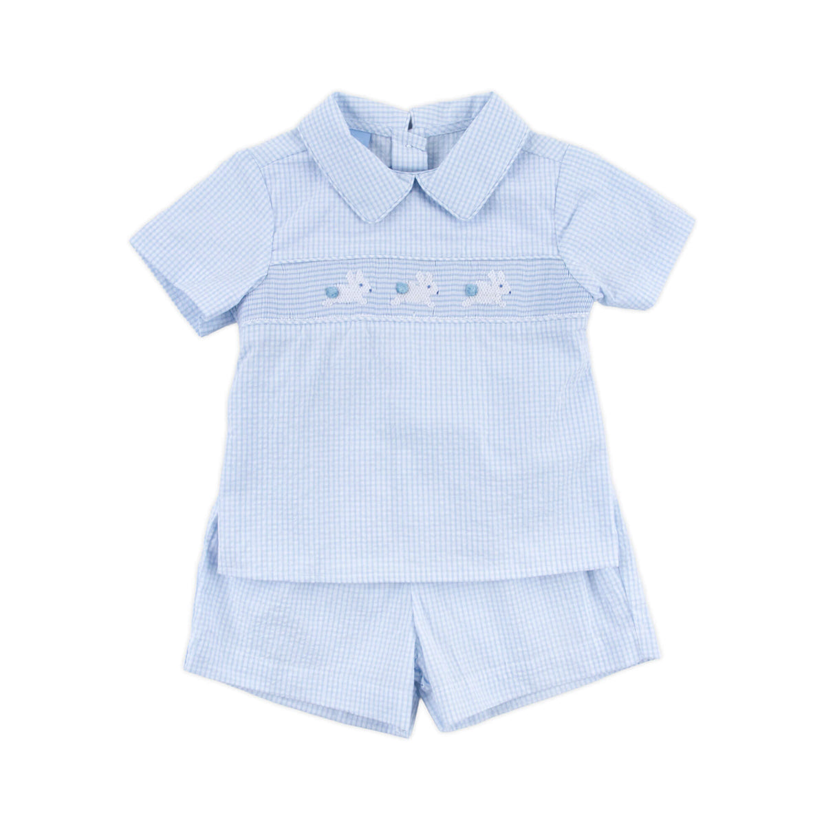 Hop Hop Bunnies Smocked Light Blue Gingham Collared Short Set