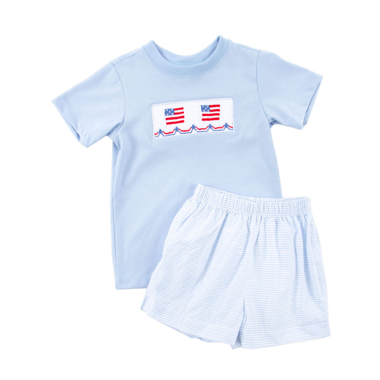 Flag Smocked Blue Stripe Seersucker Short Set