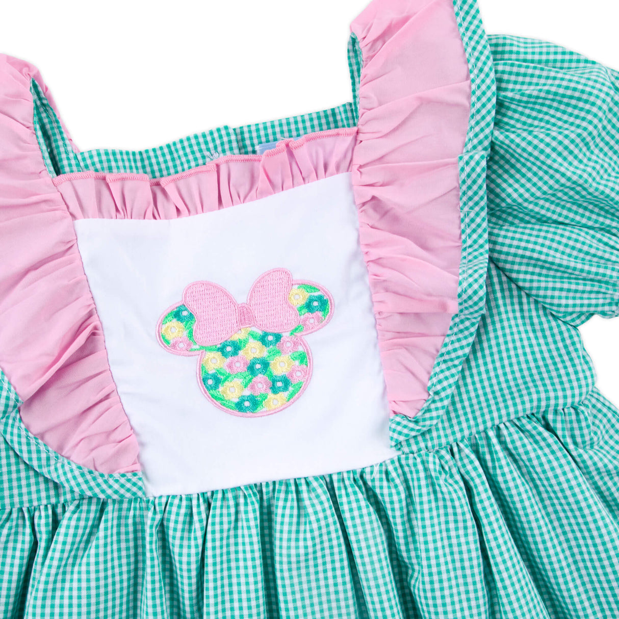 Mouse Ears Floral Embroidered Turquoise Gingham Waterfall Dress