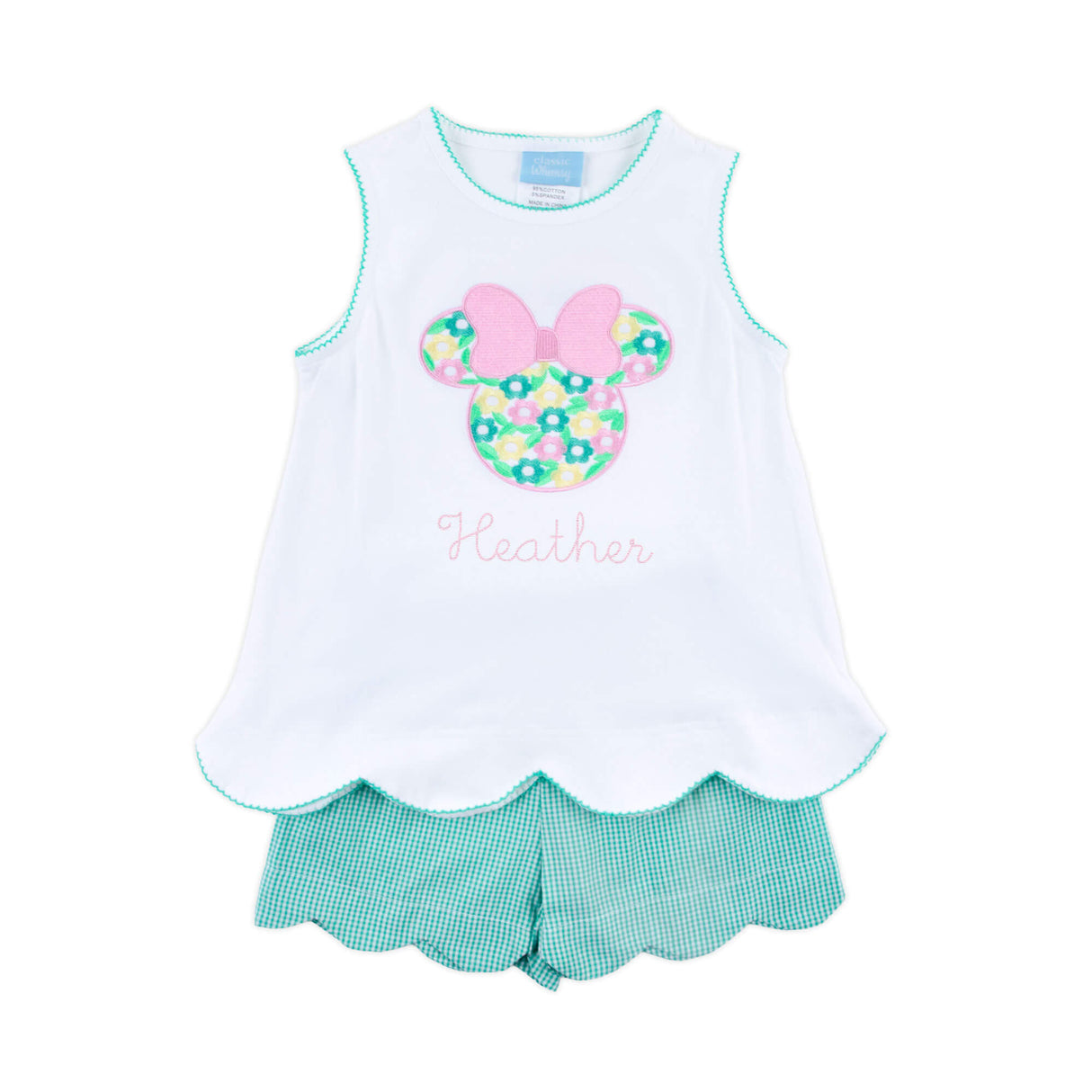 Mouse Ears Floral Embroidered Turquoise Gingham Cleo Short Set
