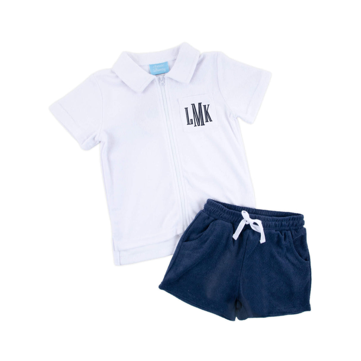 White & Blue Terry Swim Cover Up Short Set