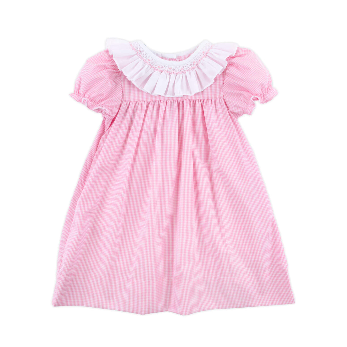 Pink Gingham Smocked Ruffle Collared Dress