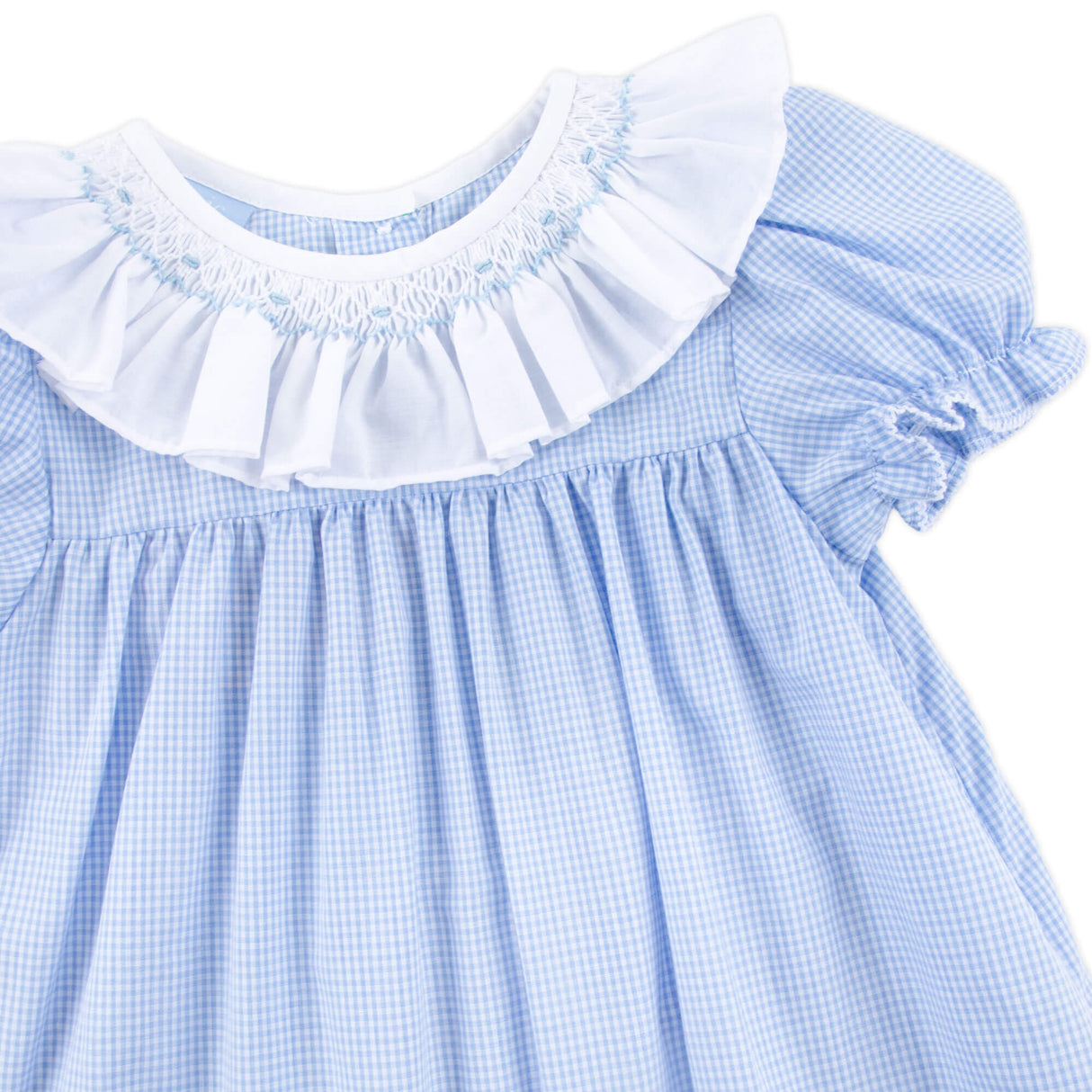 Blue Gingham Smocked Ruffle Collared Dress