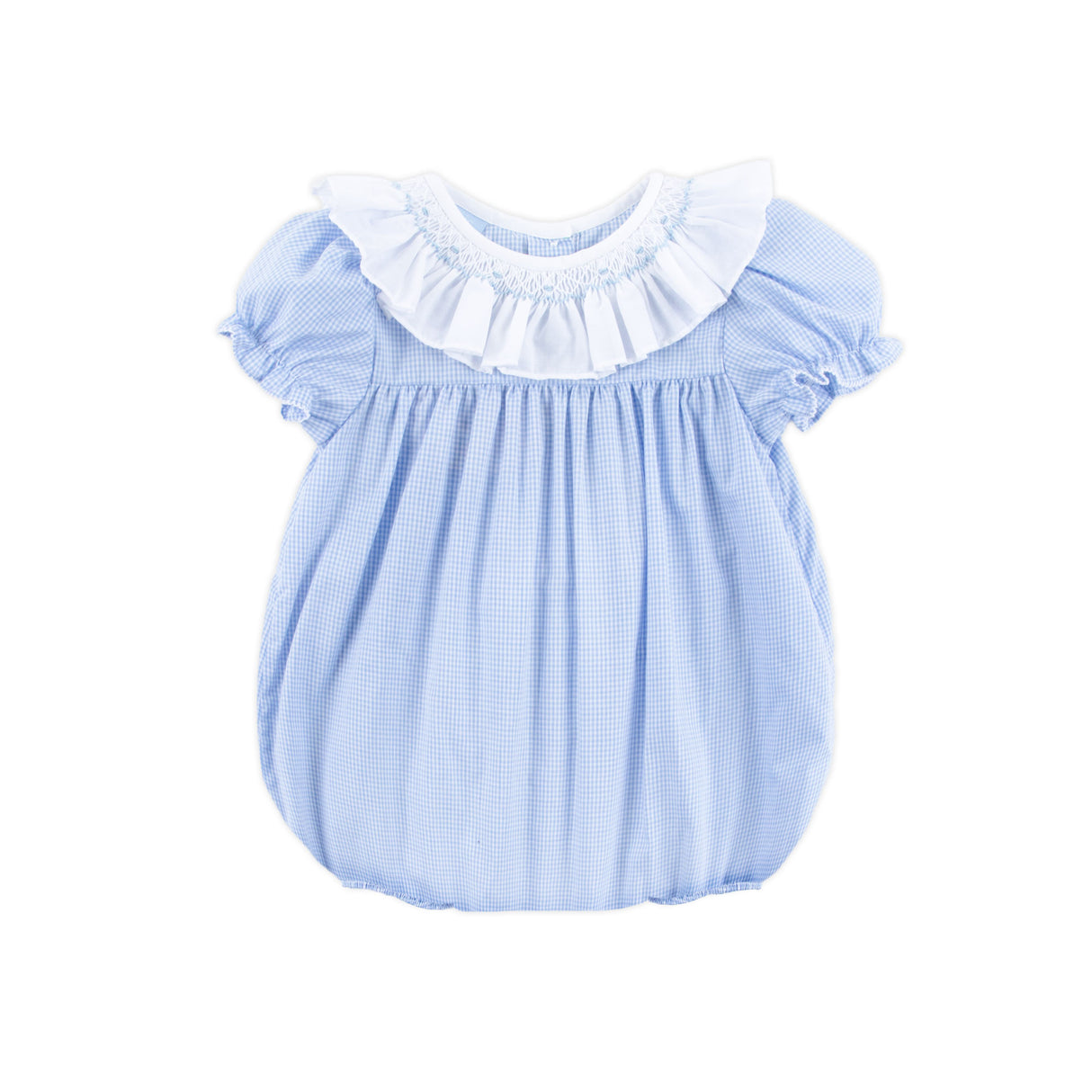 Blue Gingham Smocked Ruffle Collared Bubble
