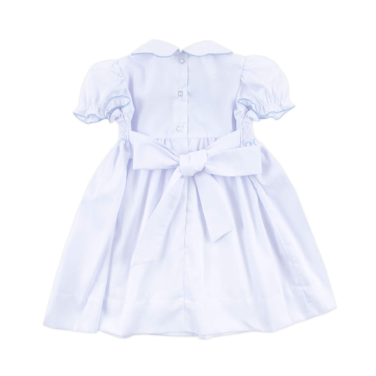 Blue Cross Smocked White Pique Collared Dress