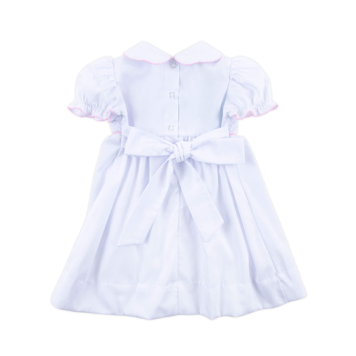 Pink Cross Smocked White Pique Collared Dress